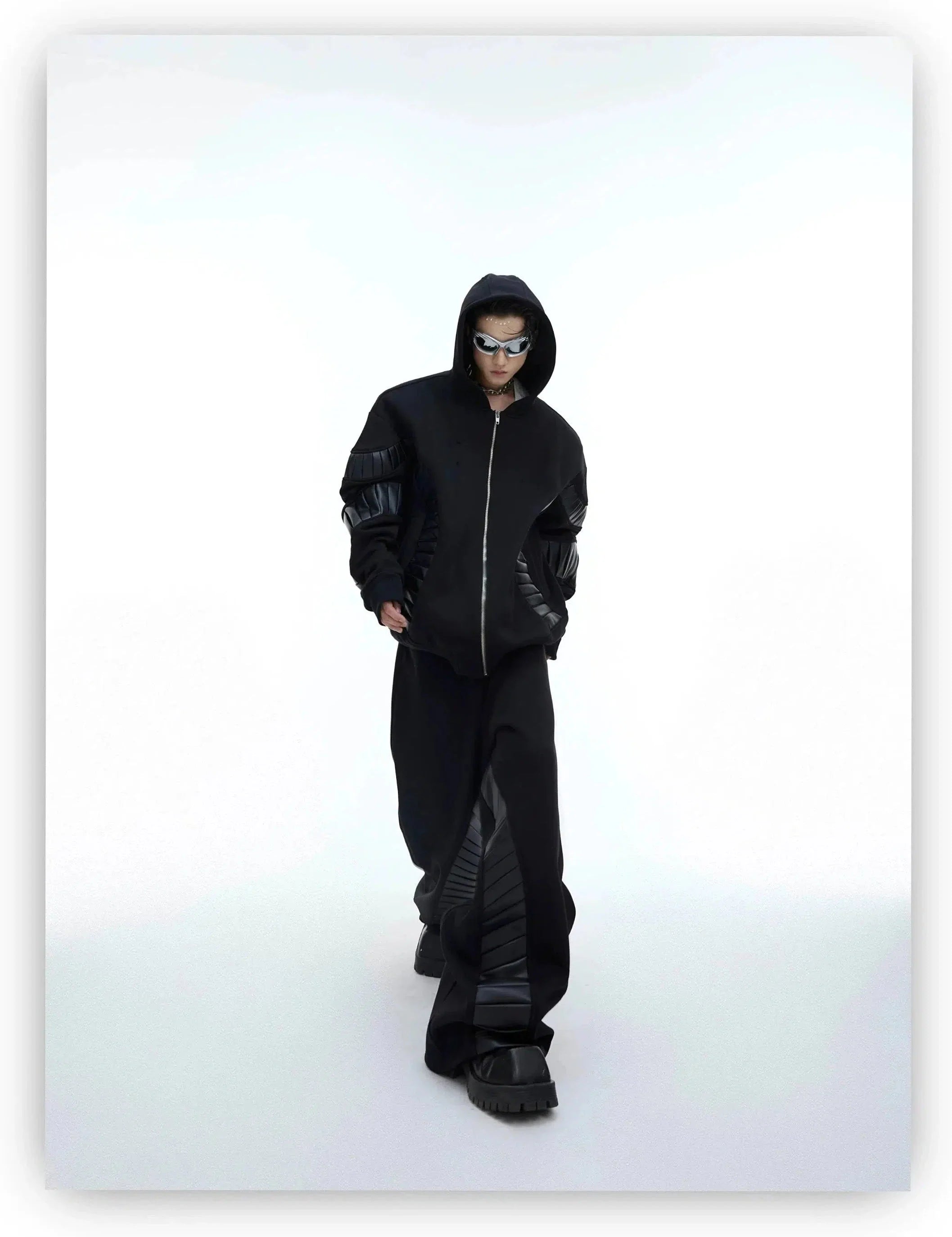 Faux Leather Spliced Detail Hoodie & Pants Set