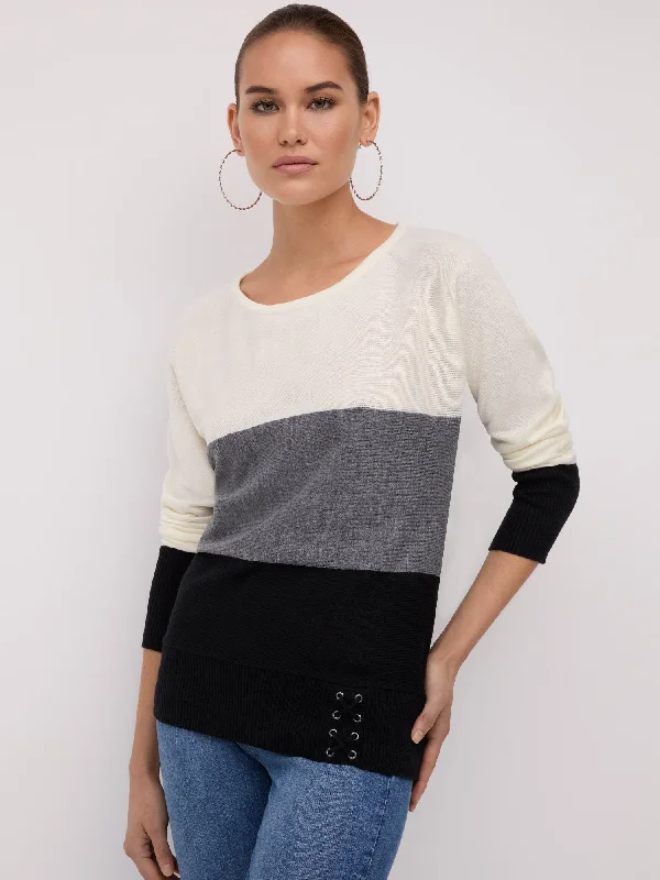 Colorblock Lace-Up Waist Dolman Sweater