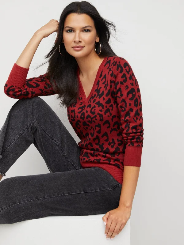 Essential V-Neck Sweater - Leopard-Print