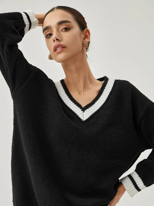 V-neck Contrast Graceful Trim Oversized Sweater