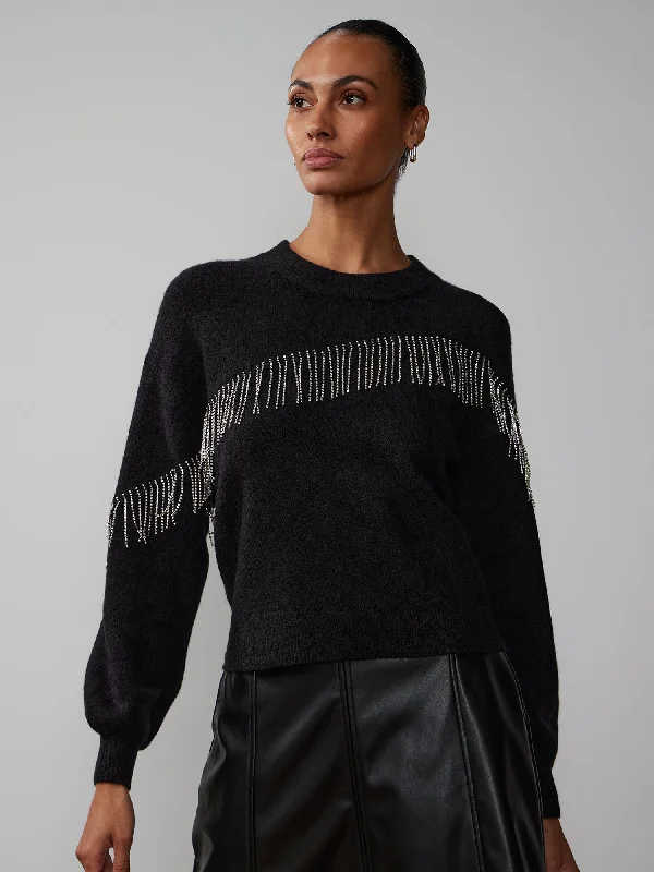 Long Sleeve Rhinestone Fringe Sweater