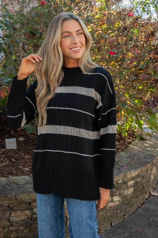 Modern Stripe Tunic Sweater, Black/Almond Stripe | Sanctuary