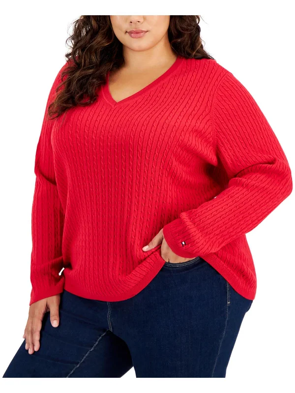 Plus Womens Cable Knit Long Sleeve V-Neck Sweater