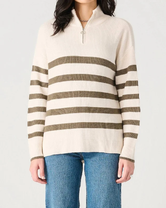 Stripe Zip-Up Sweater In Cream/army Green