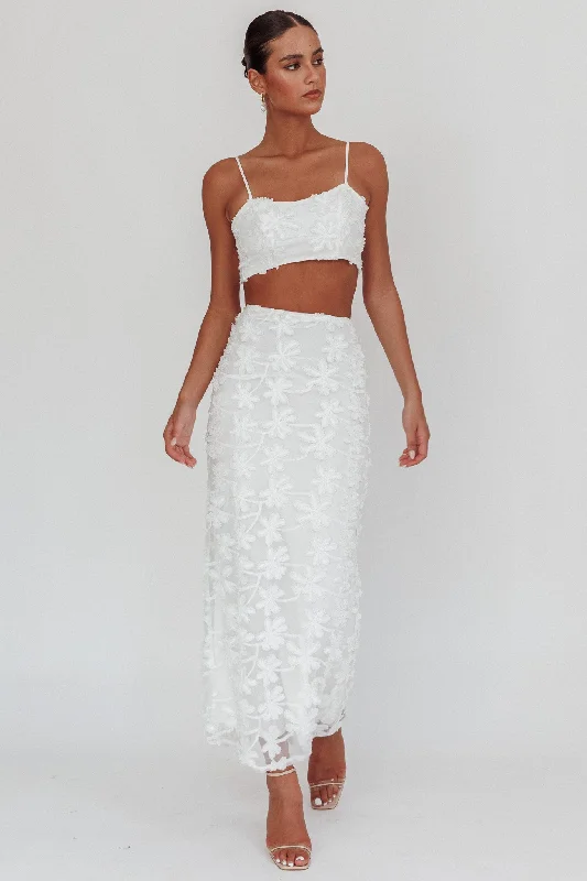 Casi Palm Tree Embroidered Maxi Skirt White