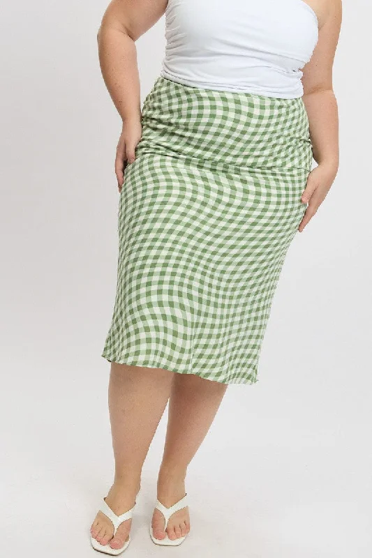 Green Check Elastic Waist Bias Maxiskirt