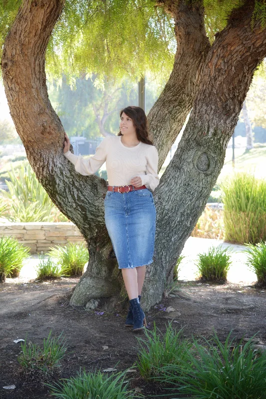 Rissa Blue Washed Denim Light Distressed Skirt