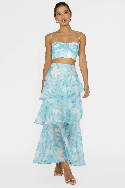 Veda Tiered Ruffle Maxi Skirt Floral Blue