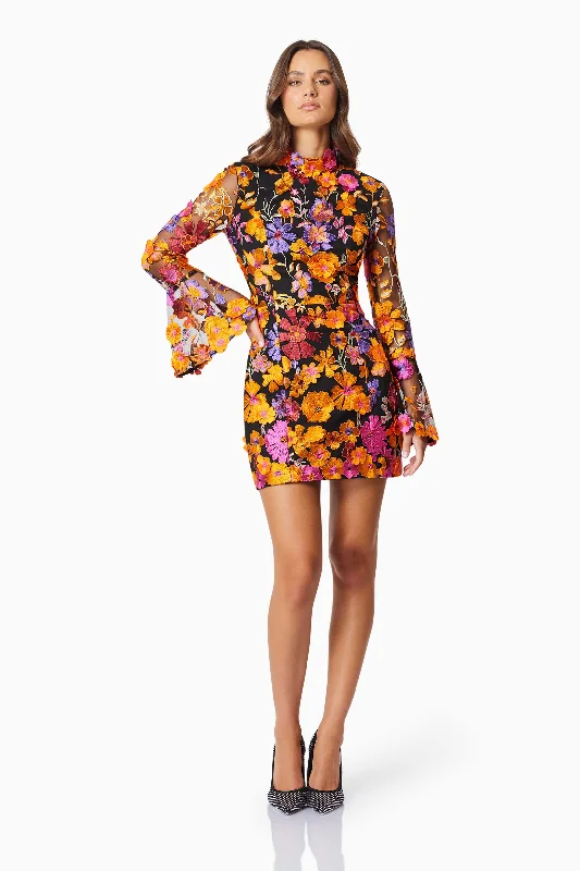 Alessandra Floral Longsleeve Mini Dress In Orange