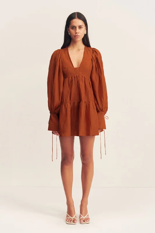 CELESTE LONG SLEEVE MINI DRESS - RUST