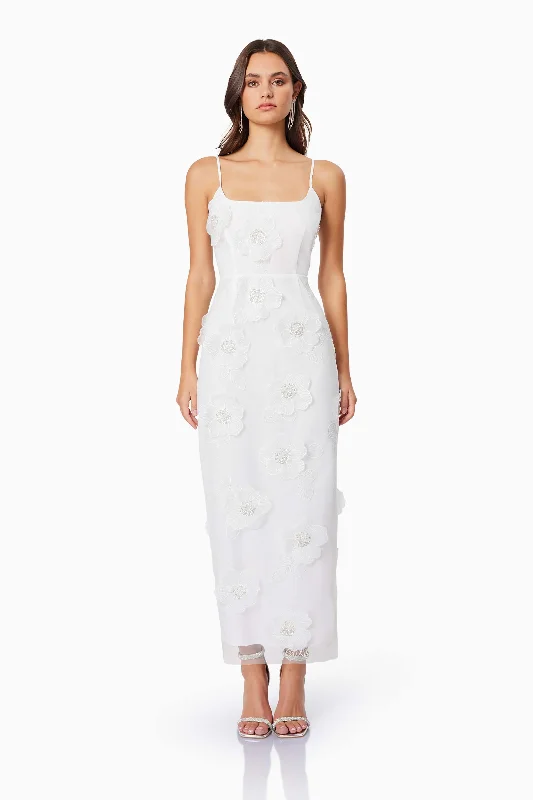 Dahlia 3D Floral Midi Dress In White