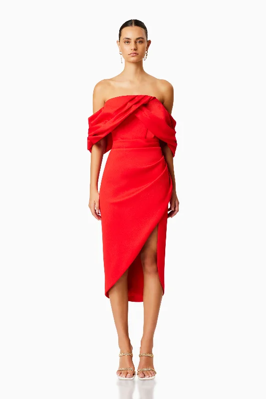 MARCH OFF THE SHOULDER MIDI DRESS IN RED