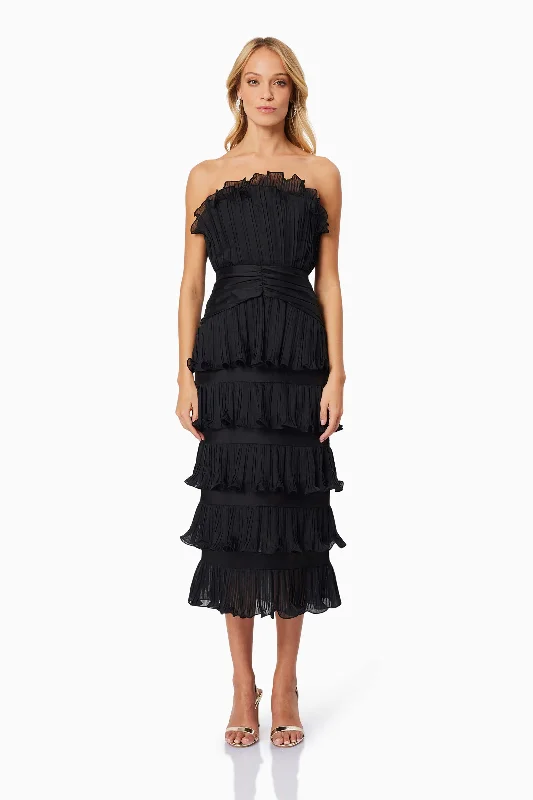 Maya Pleated Midi Dress in Black