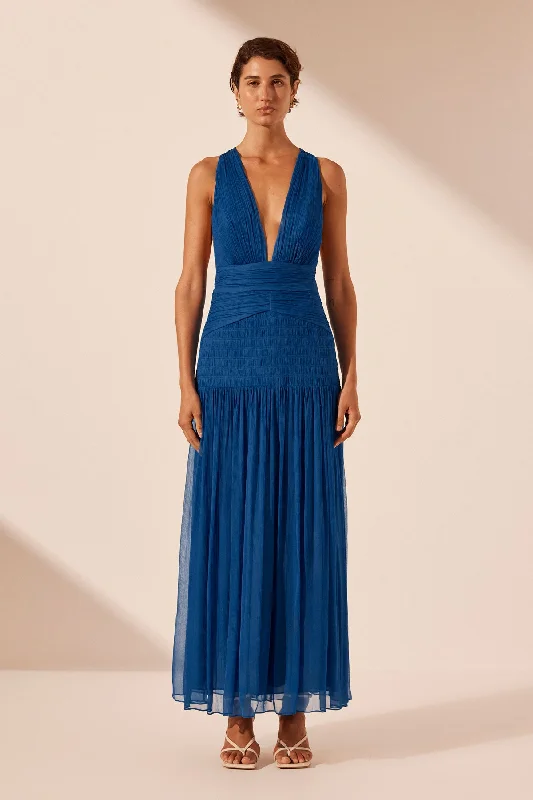 MAYA PLUNGED TIE BACK MIDI DRESS - STRONG BLUE