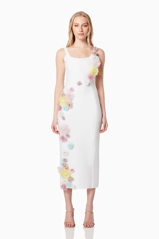 Motif 3D Floral Midi Dress In White