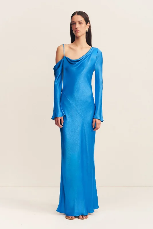 NORA ASYMMETRICAL LONG SLEEVE MAXI DRESS - AQUA