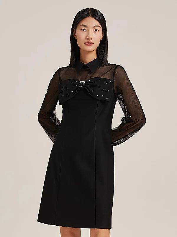 Black See-Through Bow Tie Mini Dress