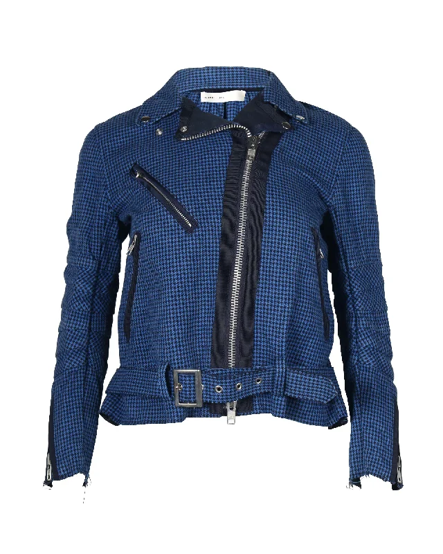 Sacai Luck Houndstooth Biker Jacket in Royal Blue Cotton