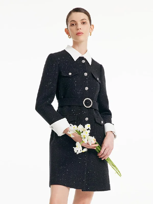 Removable Collar Tweed Waist-cinching Woolen Dress