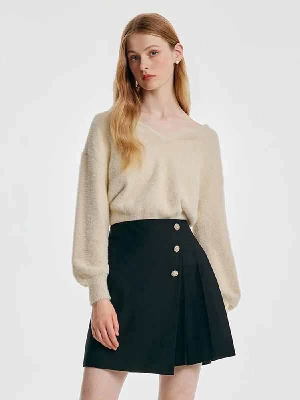 V-neck Tencel And Woolen Sweater With Bows