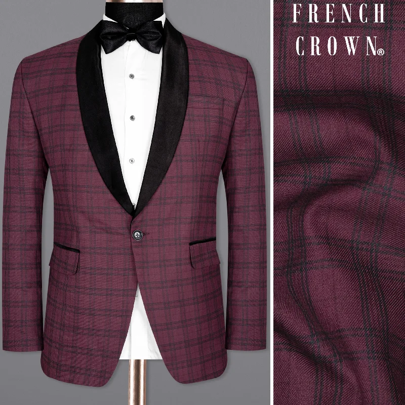 Eggplant Red Plaid Wool Rich Tuxedo Blazer