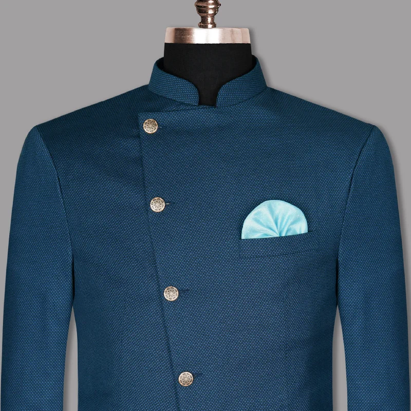 Yale Blue Subtle Diamond Textured Cross Placket Bandhgala/Mandarin Wool-Silk blend Blazer